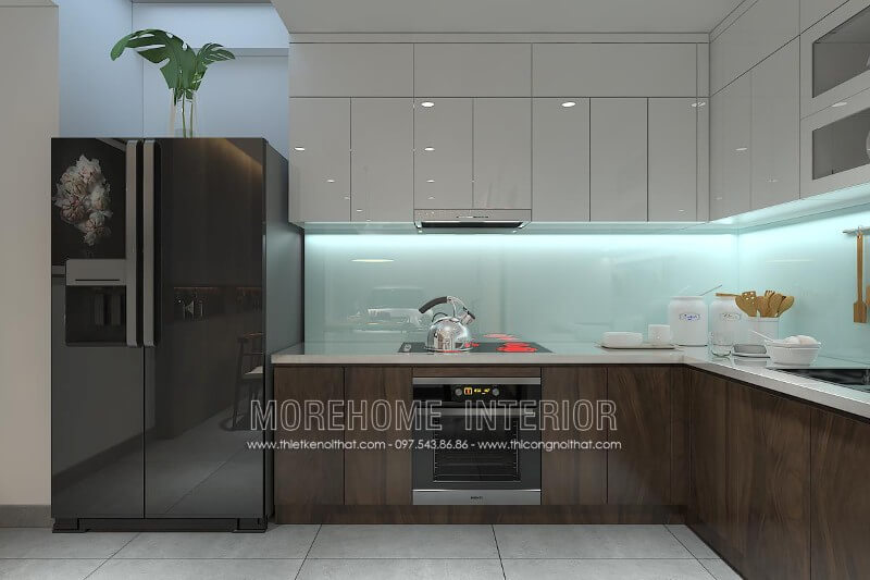 Sự kết hợp hoàn mỹ giữa 2 gam màu chủ đạo là trắng và nâu trầm, mẫu tủ bếp đẹp mang lại không gian nhà bếp sang trọng hơn Tủ bếp màu trắng và màu nâu đẹp