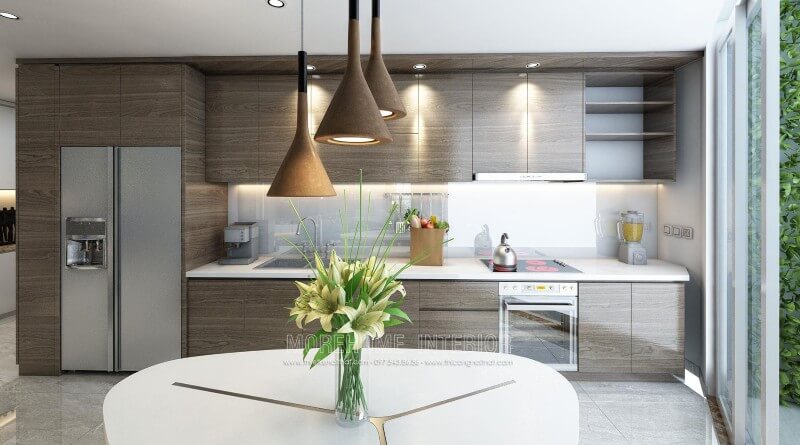 Mẫu tủ bếp hiện đại với gam màu nâu nhẹ nhàng khơi gợi nên một không gian sang trọng và ấm cúng Tủ bếp màu trắng và màu nâu đẹp