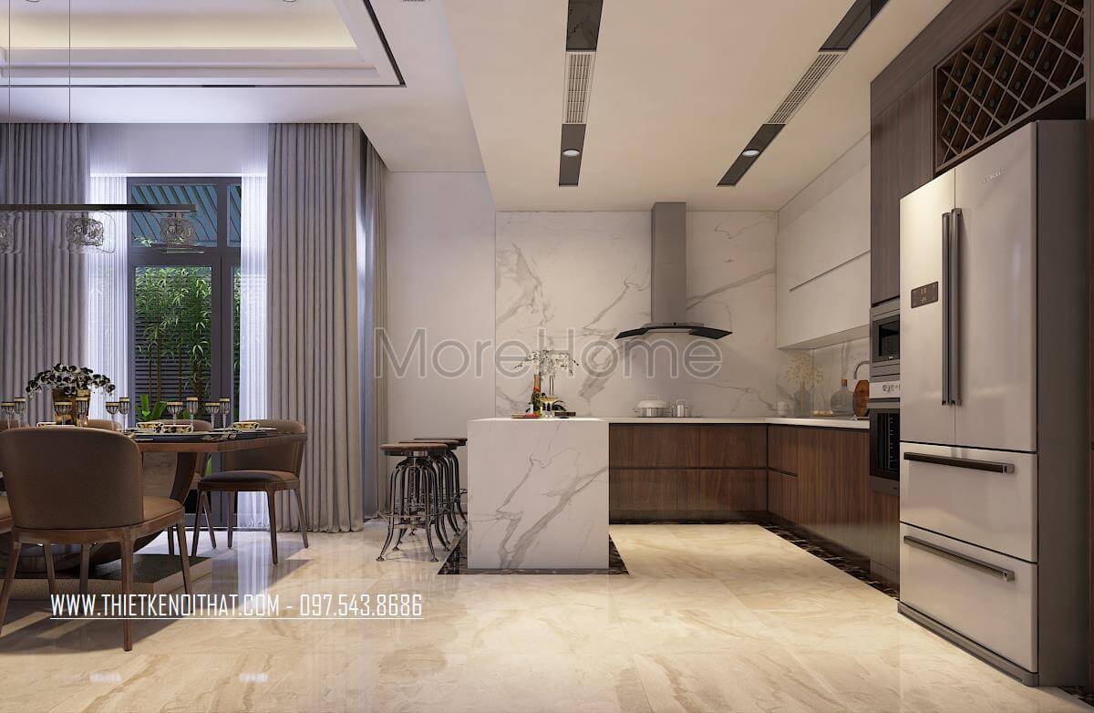 Mẫu tủ bếp gỗ công nghiệp veneer màu nâu chữ L hiện đại là điểm nhấn cho không gian bếp Tủ bếp đẹp, tủ bếp đẹp hiện đại, tủ bếp An Cường, tủ bếp cao cấp