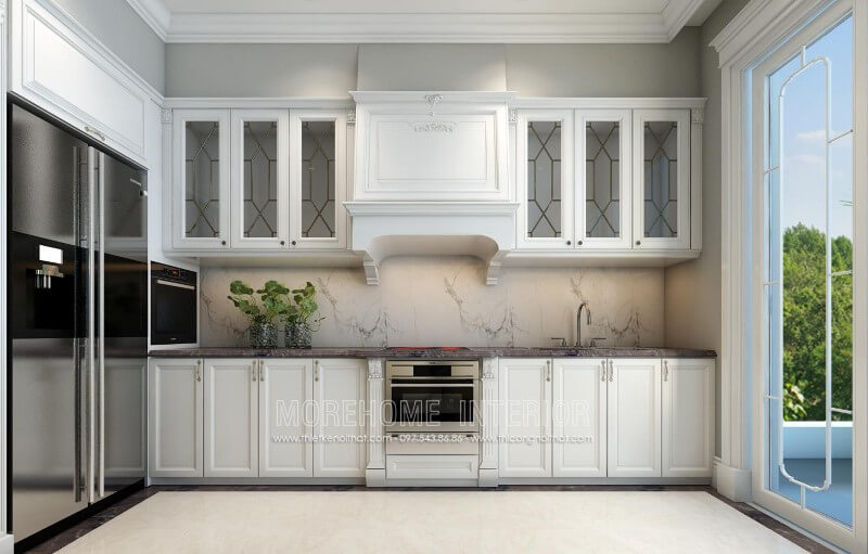 Mẫu tủ bếp gỗ tự nhiên cao cấp được Morehome hoàn thiện. Tủ bếp đẹp, tủ bếp đẹp hiện đại, tủ bếp An Cường, tủ bếp cao cấp