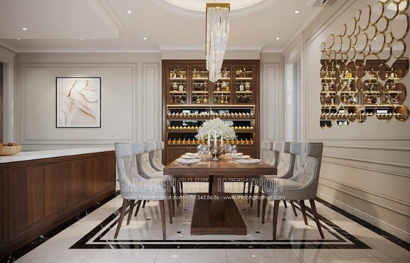 Tủ rượu gỗ óc chó tự nhiên đẹp cho phòng ăn biệt thự, nhà phố đương đại. Mẫu nội thất biệt thự đẹp