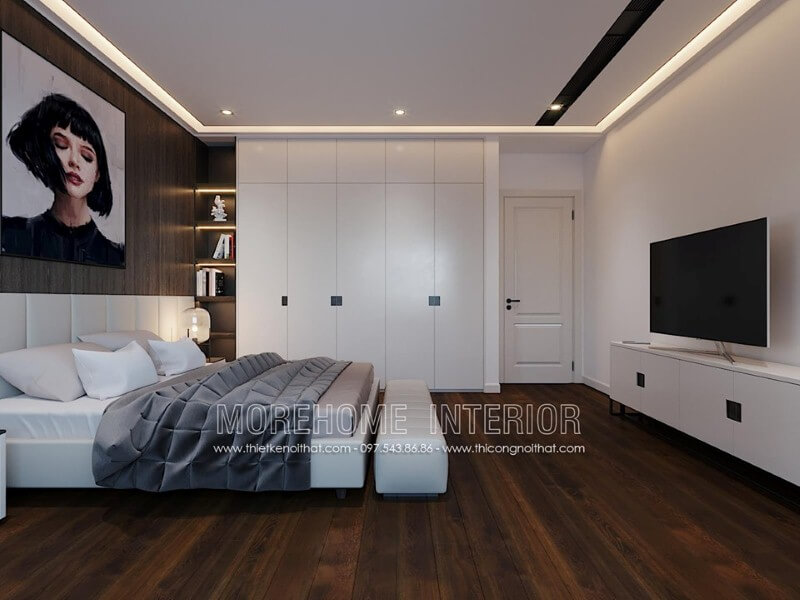 Trang trí nội thất phòng ngủ ấn tượng với tủ quần áo gỗ công nghiệp kết hợp kệ trang trí sát giường ngủ. Mẫu nội thất biệt thự đẹp