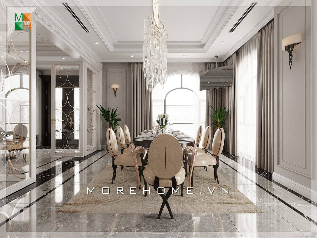 Mẫu bàn ăn gỗ 8 ghế ăn bọc da chân gỗ óc chó tự nhiên, cao cấp rất sang chảnh cho phòng ăn tân cổ điển chung cư, nhà phố, biệt thự. Mẫu nội thất biệt thự đẹp