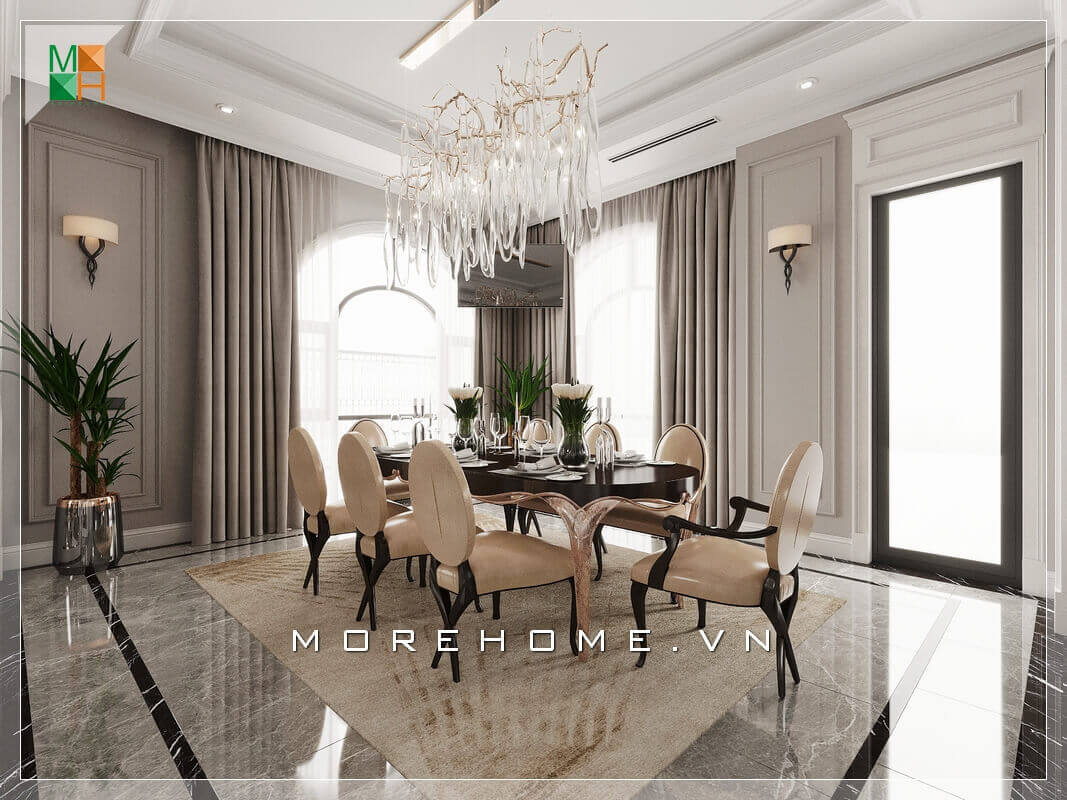 Sự lộng lẫy và sang trọng của thiết kế nội thất phòng ăn biệt thự chính là bộ bàn ghế đứng 8 ghế, sofa bọc da khung và chân gỗ óc chó đẹp mắt sang trọng. Mẫu nội thất biệt thự đẹp