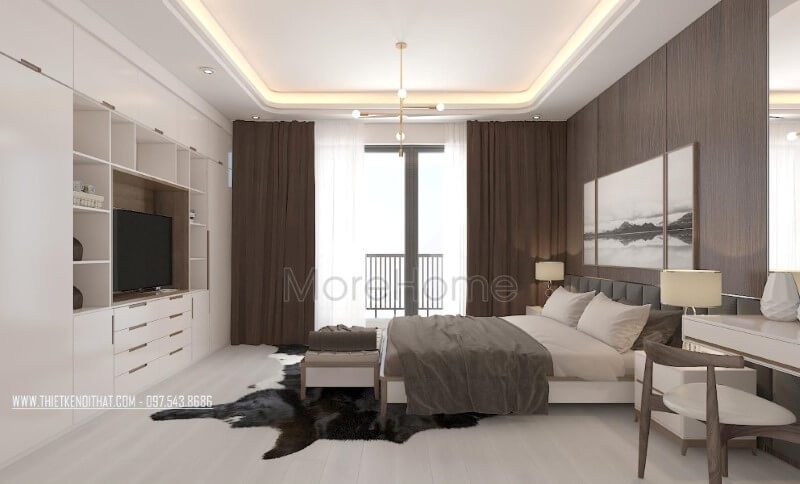 Trang trí nội thất phòng ngủ master hiện đại đẹp và thông thoáng với cửa kính chiếm trọn mảng tường để bạn có thể tận hưởng cảm giác tuyệt vời từ thiên nhiên. Mẫu nội thất biệt thự đẹp