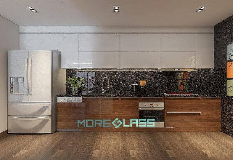 Thiết kế, thi công mẫu kính ốp bếp màu đen kim sa hiện đại cho chung cư, biệt thự, nhà phố. Xu hướng thiết kế phòng bếp đẹp, hiện đại