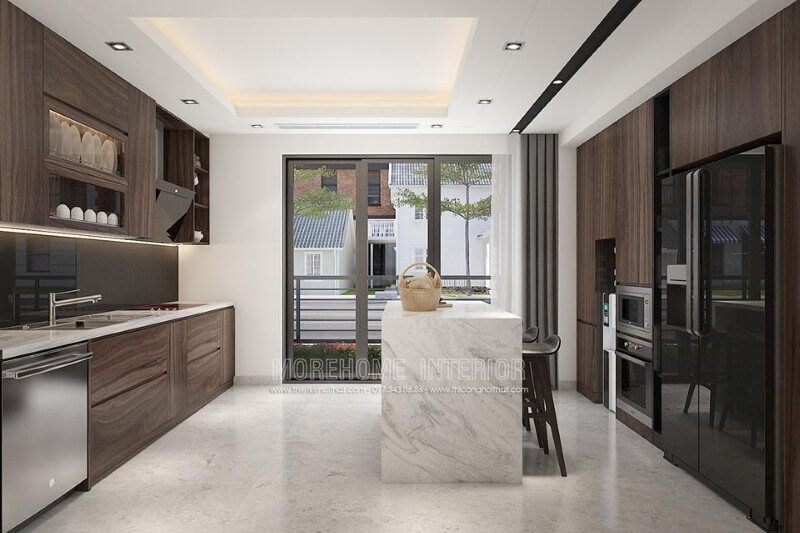 Thiết kế phòng bếp đảo ấn tượng với nội thất gỗ công nghiệp cao cấp kết hợp bàn đảo đá ốp sang trọng.