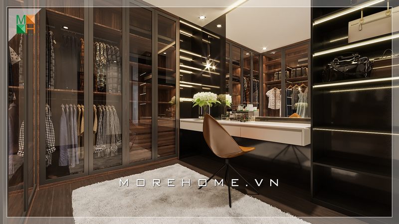 Thiết kế nội thất phòng thay đồ rất hiện đại và sang trọng phù hợp cho các nhà chung cư, nhà phố, biệt thự.