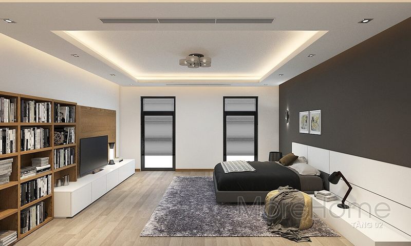 Hệ thống kệ tủ gỗ được thiết kế âm tường giúp tiết kiệm được không gian phòng ngủ tối đa nhất