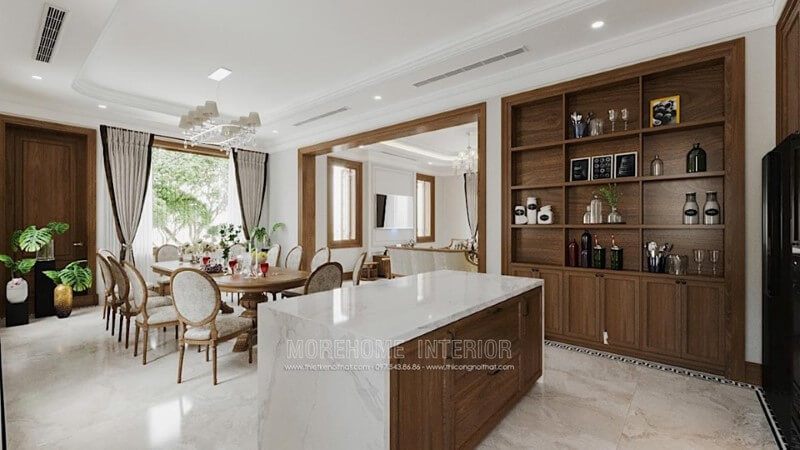 Mẫu kệ trang trí phòng bếp được thiết kế đơn giản bằng chất liệu gỗ óc chó mang lại đẳng cấp cho gia chủ