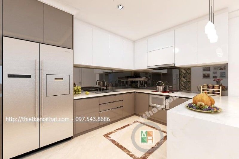 Thiết kế nội thất phòng bếp khoa học, hợp lí vừa gọn gàng, thẩm mĩ, vừa đảm bảo công năng sử dụng cho gia chủ