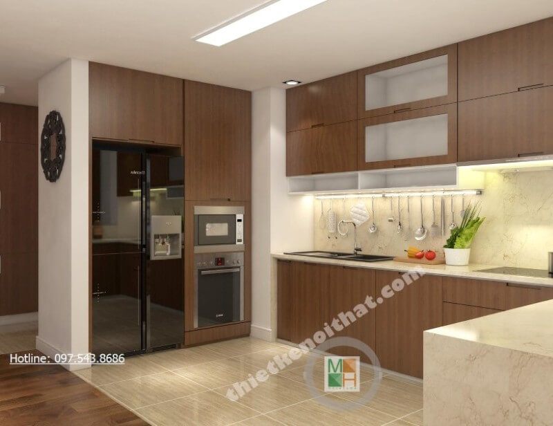 Nội thất phòng bếp hiện đại với gam màu trắng chủ đạo mang đến cảm giác gọn gàng sạch sẽ