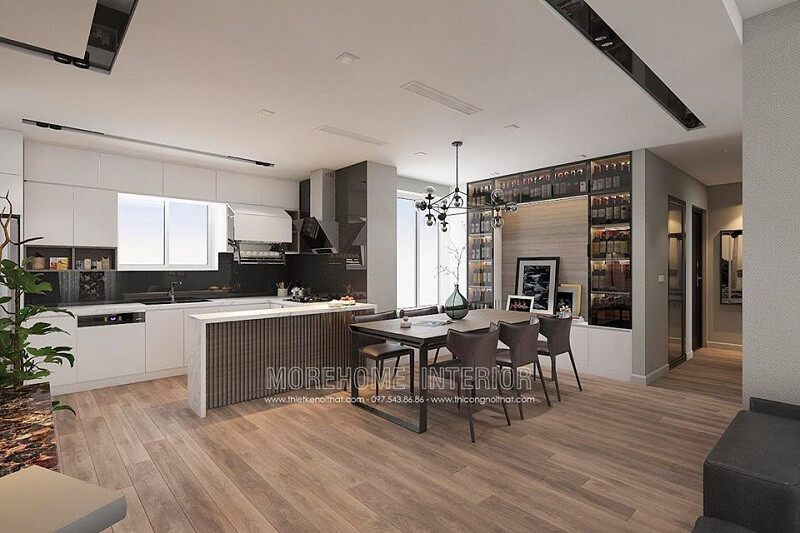 Thiết kế nội thất phòng bếp hiện đại với hệ tủ bếp acrylic thông minh cùng bộ bàn ăn gỗ tự nhiện cho căn hộ chung cư thêm sang trọng, đẳng cấp