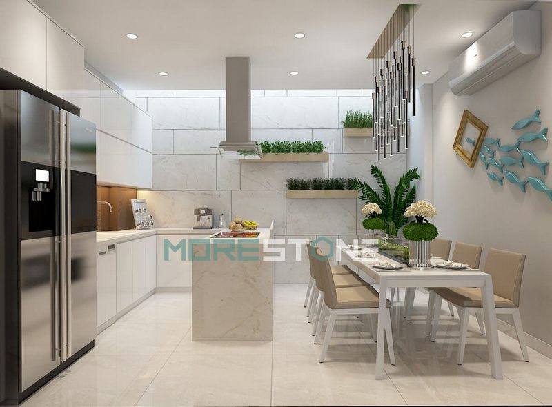 Gợi ý thiết kế độc đáo mẫu tủ bếp theo phong cách không gian mở, tối ưu hóa công năng kết hợp mặt đá bếp sang trọng