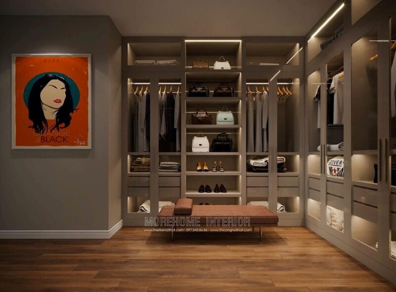 Ấn tượng với không gian hiện đại từ tủ quần áo gỗ acrylic sáng bóng.