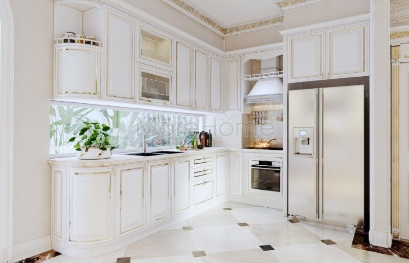 .
Tủ bếp biệt thự kiểu dáng chữ L tân cổ điển được thiết kế với những chi tiết tinh tế, đường ánh kim đơn giản để tạo nên điểm nhấn đặc biệt, mang lại vẻ đẹp mắt cho không gian nhà bếp.