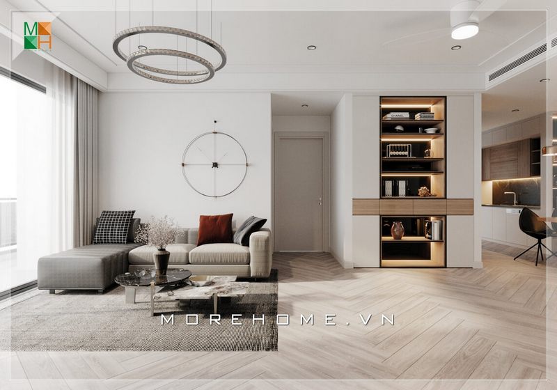 Phòng khách chung cư được thiết kế để kết nối với các không gian sinh hoạt chung, với nội thất nhỏ gọn để tối ưu không gian, tạo ra một cảm giác thoải mái, rộng rãi cho ngôi nhà.