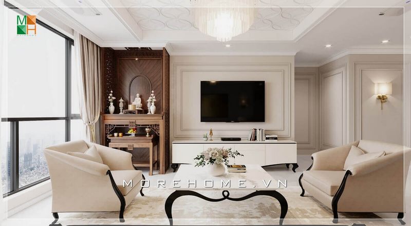 Bàn thờ được bố trí trong phòng khách là một biểu tượng của hiếu kỳ của khách đến chơi nhà. Chất liệu gỗ óc chó mang lại sự sang trọng nhưng vẫn giữ được sự tôn nghiêm của không gian thờ phụng.